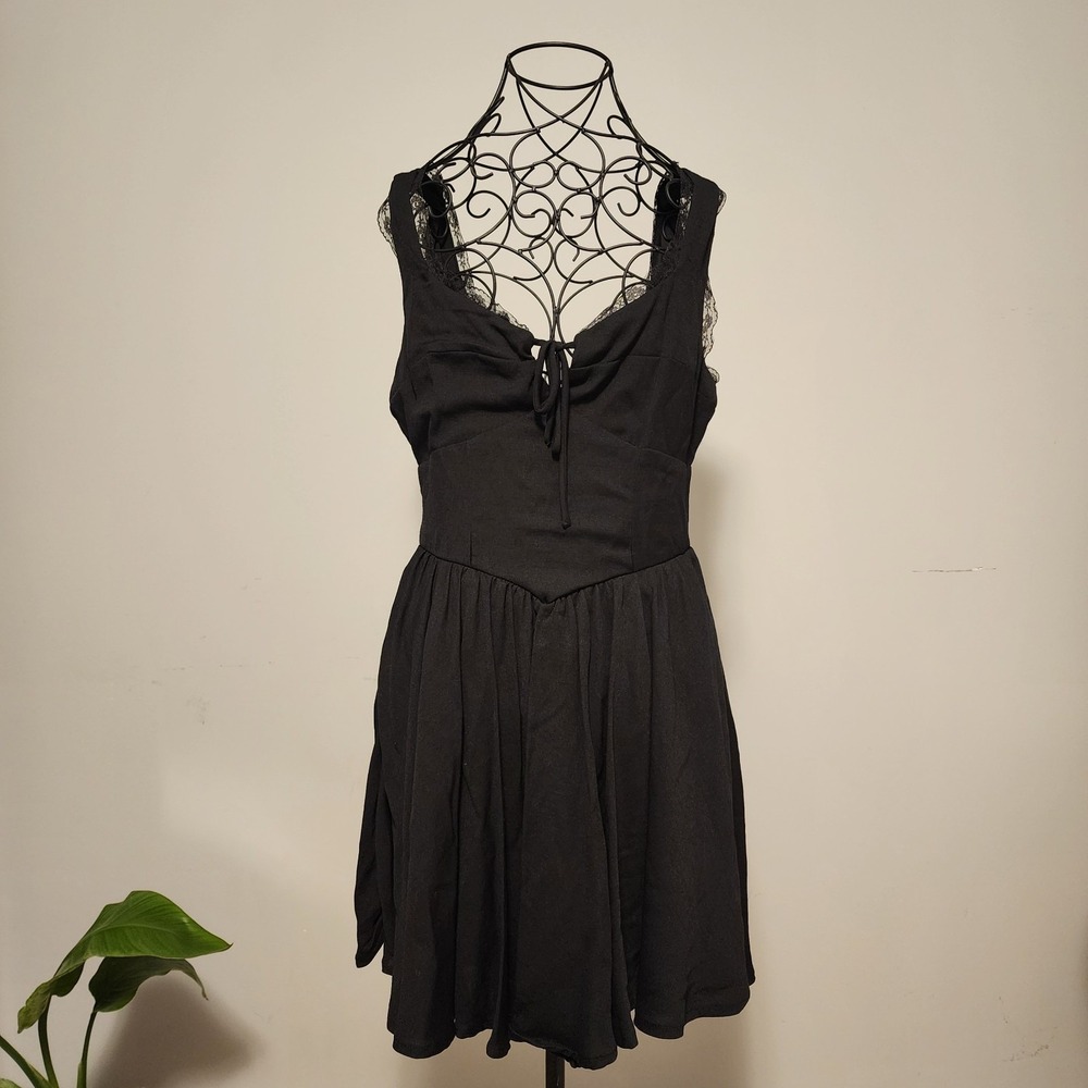 Forever 21 Lace Trim Tie Front Fit Flare Mini Dress Black Large NWT